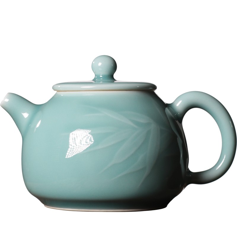 尚唐青瓷功夫茶壶家用陶瓷茶具中号手工泡茶壶球孔过滤刻竹子单壶