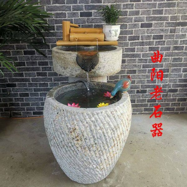 石缸 石缸流水 石臼 养鱼养花石缸 流水摆件 装饰造景 圆形花盆