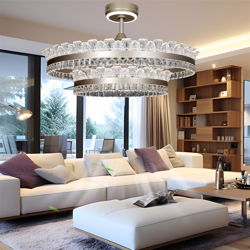 新款餐厅隐形风扇吊灯三色变光智能语音全铜N变频静音电机水晶造