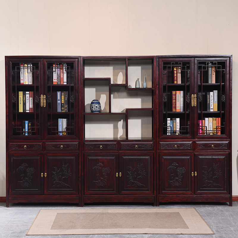 博古架 榆木老红木色 q新中式实木书柜书橱三组合 带门置物柜落地