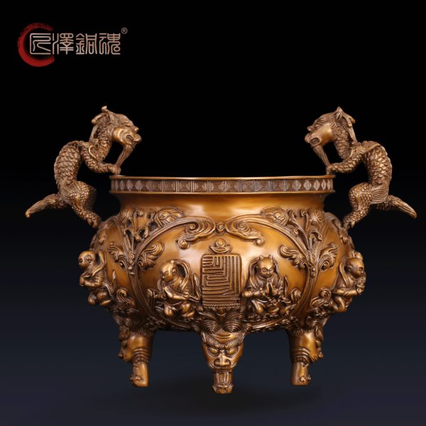 紫铜 龙形耳踏云童子炉精铜手工铜香炉 香炉香道佛具用品