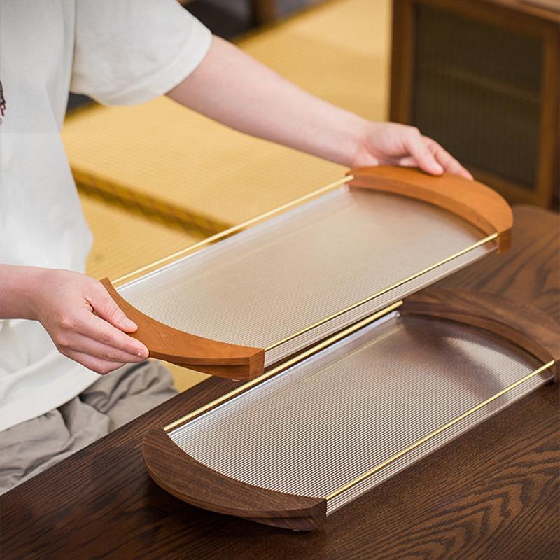 黑胡桃木月牙玻璃托盘家用茶盘实木长方形水果盘简约装饰收纳盘子