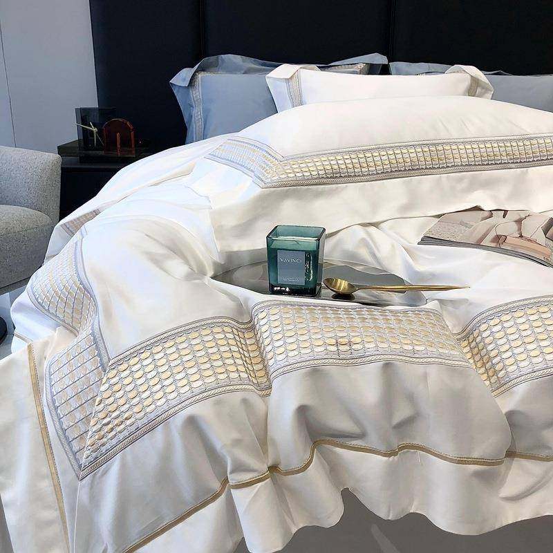 A类100长绒棉四件套纯色刺绣丝滑裸睡被套床单床上用品纯棉高端