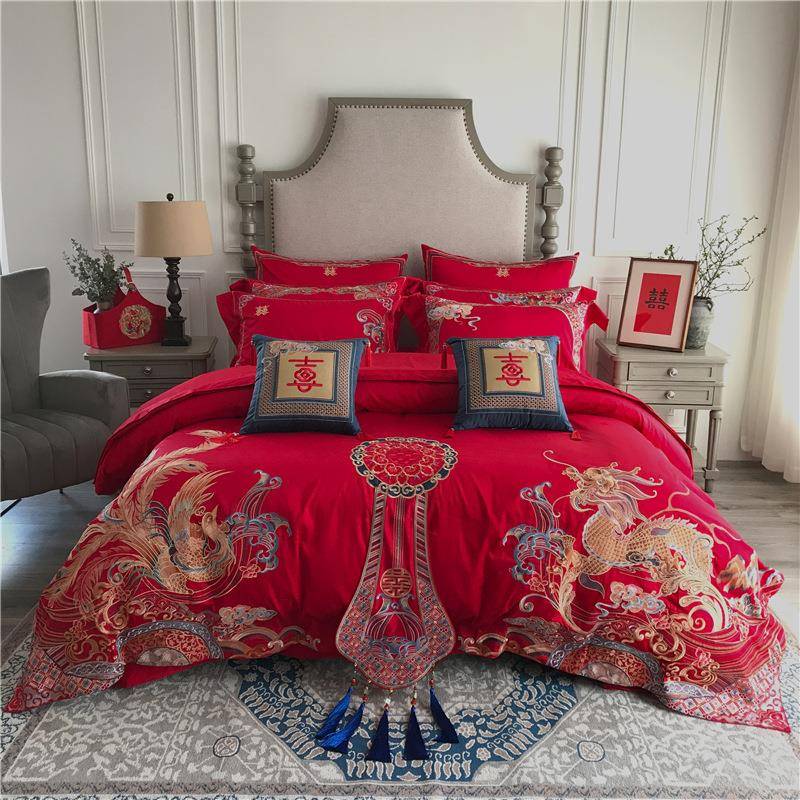 结婚季丨高端婚庆仪式感四件套全棉提花大红色龙凤刺绣多件套婚房