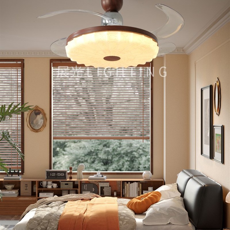 中世纪隐形扇灯法式覆古一体式电F扇餐厅卧室吊扇灯茶室扇灯