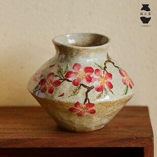 山谷 中式粗陶花瓶手绘桃花插花水培花器客厅玄关电视柜装饰摆件