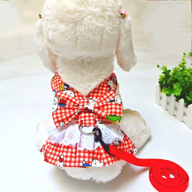 蕾丝格子裙子公主泰迪比熊博美贵宾狗狗衣服可牵引胸背猫咪春夏装