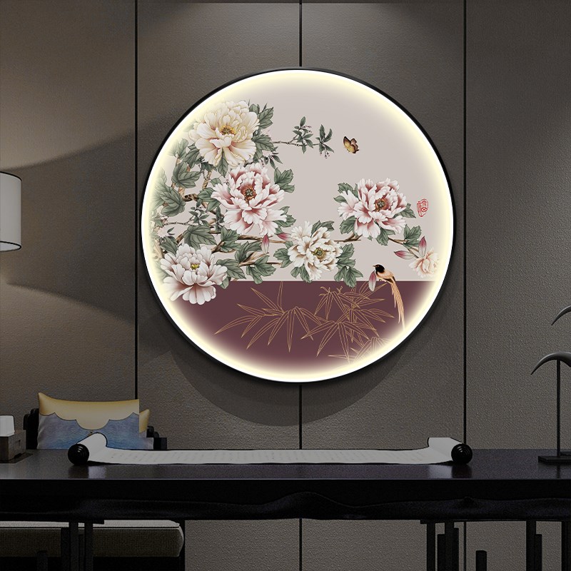 国画牡丹挂画圆形玄关画酒店客厅背景墙LED装饰画新中式餐厅壁画图片