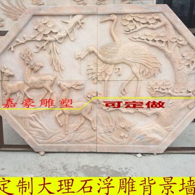 石雕浮雕定制晚霞红大理石浮雕鹤鹿同春长命百岁大型浮雕文化墙
