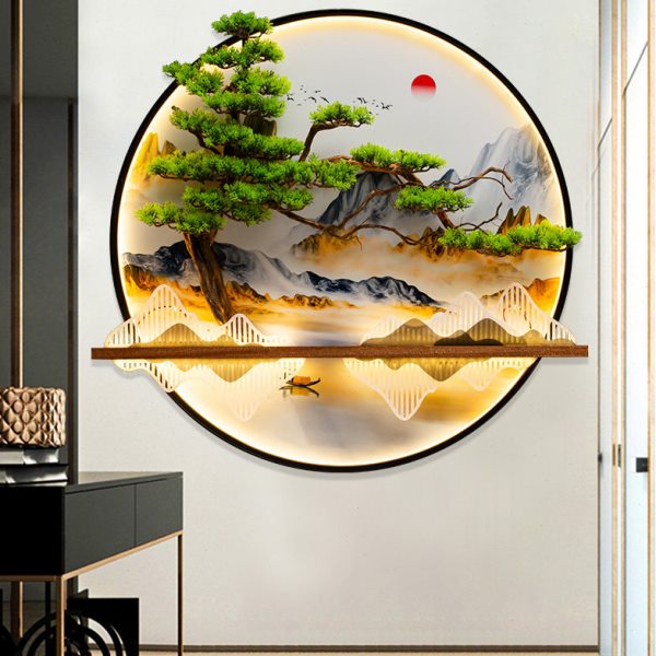 新中式走廊玄关挂饰办公室茶室迎客松挂件客厅电视背景墙发光壁画