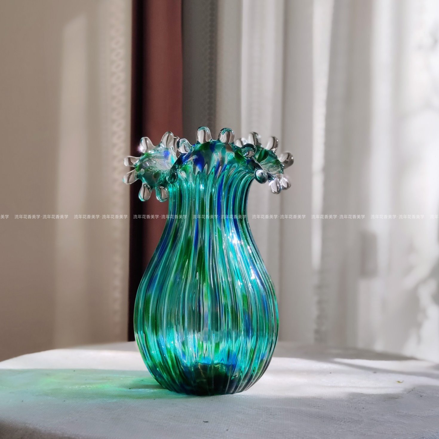 绿蓝色彩点波浪花水滴口透明手工玻璃花瓶水养插花器家居摆件礼物