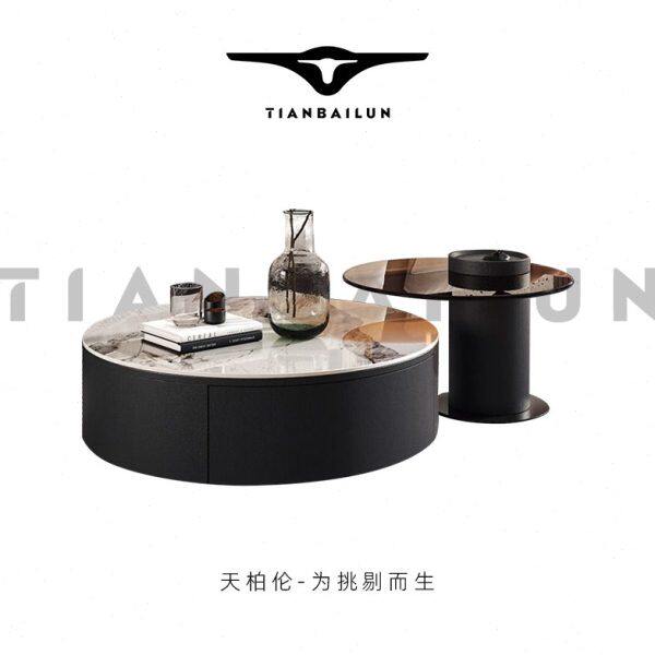 大小圆形岩板茶几组合现代简约客厅轻奢伸缩意式极简钢化玻璃边几