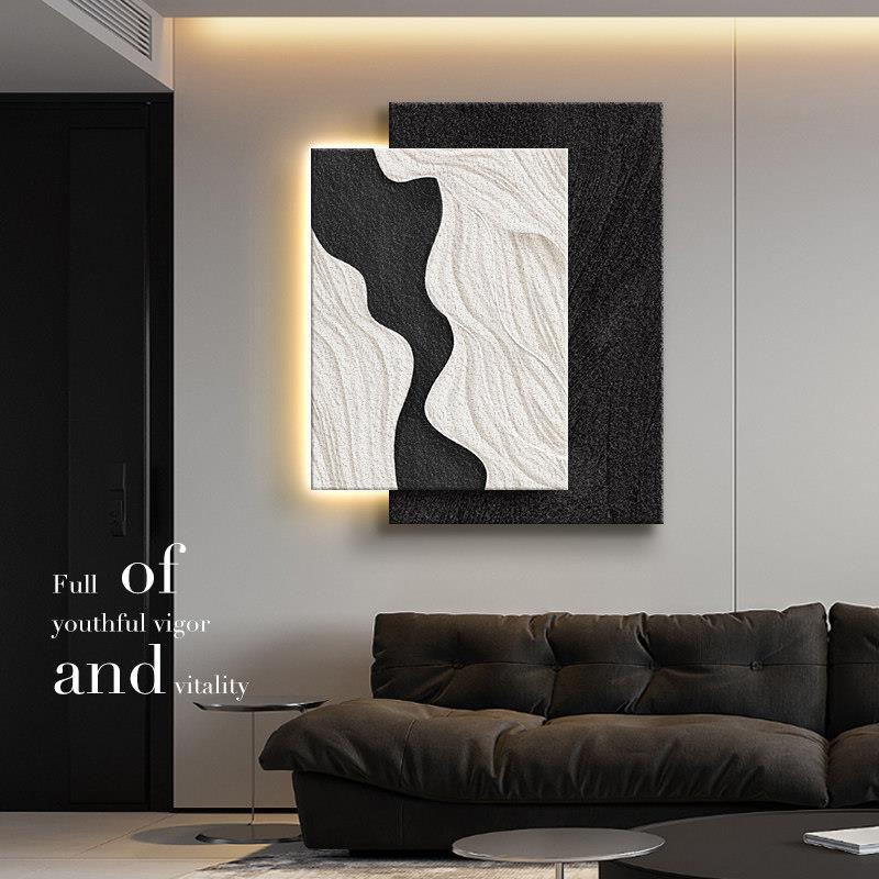 高级感极简黑白客厅装饰画壁灯抽象肌理壁画3D立体沙发背景墙挂画
