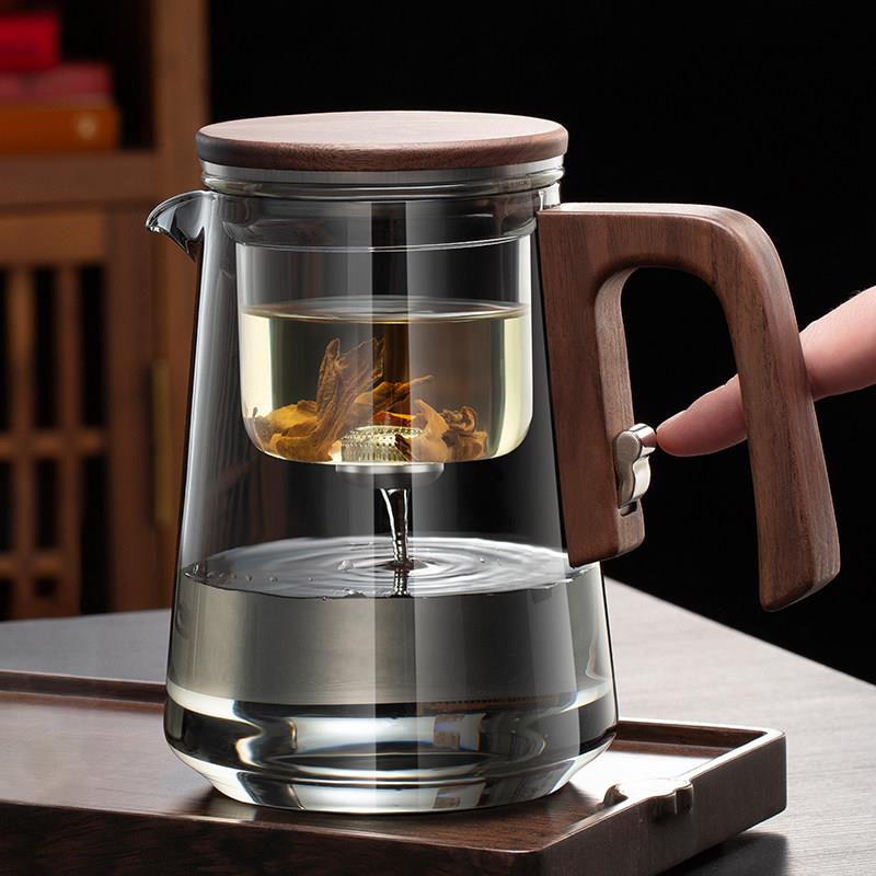 高档冲茶器磁吸飘逸杯茶水分离泡茶壶胡桃木把耐热玻璃一键过滤杯