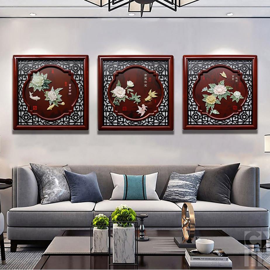 中国风走廊走廊挂画餐厅三联画浮雕壁画客厅沙发背景墙实木入口装