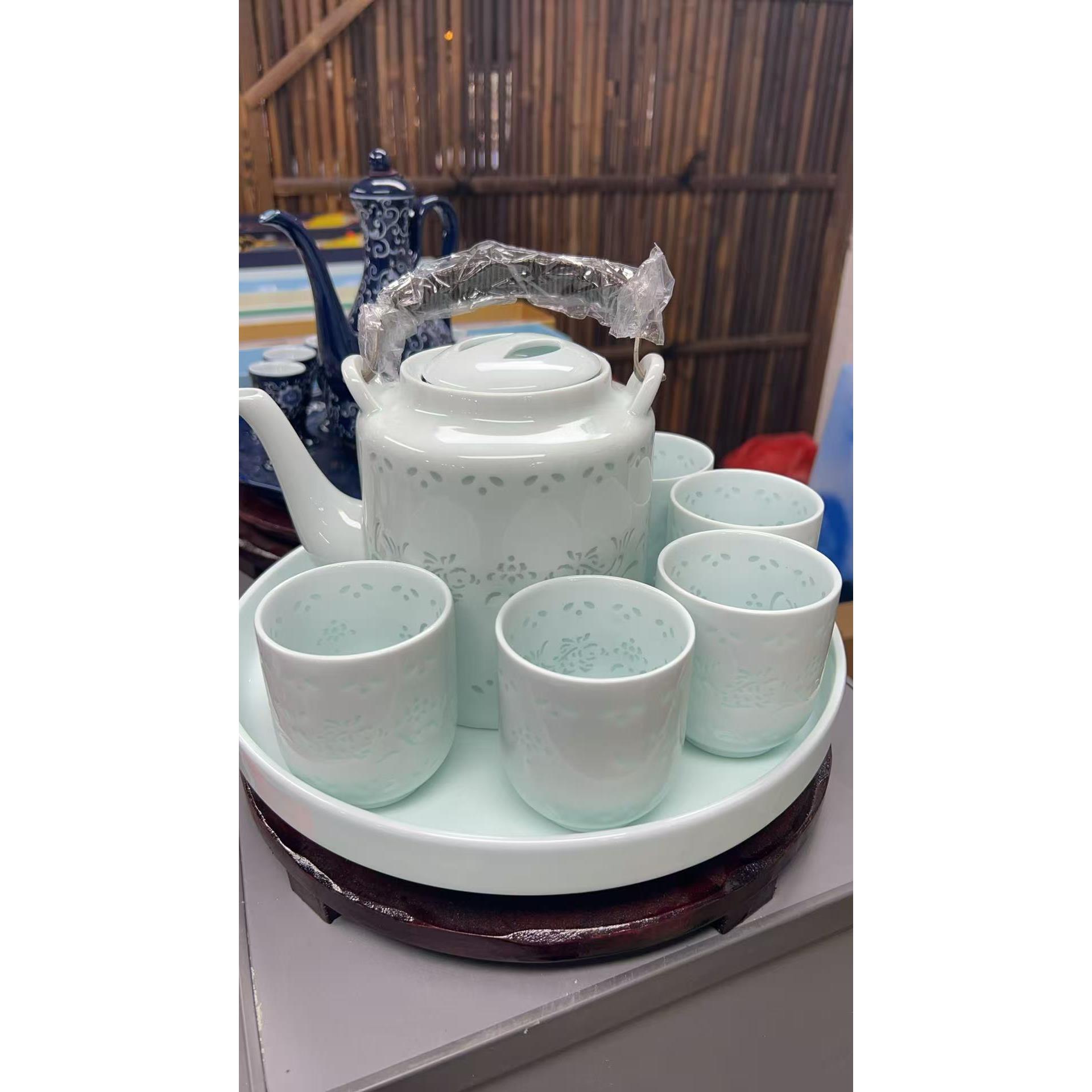景德镇青花玲珑陶瓷茶具套装高档中式家用镂空提梁壶简约茶杯茶盘