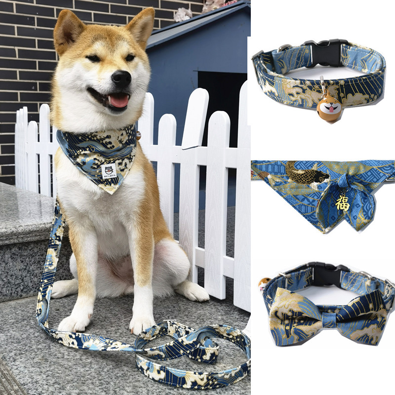 芮柴 和风蓝色系男款海浪水波纹宠物狗狗柴犬项圈脖套胸背牵引绳