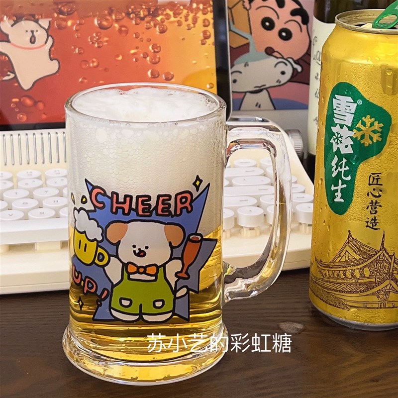 原创设计师款 小狗喝啤酒饮料杯大容量玻璃杯可爱水杯卡通杯子