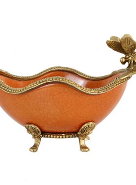 蒂高美居欧式橙釉陶瓷镶铜元宝盆糖果盘首饰盘装饰碟83-1660-10