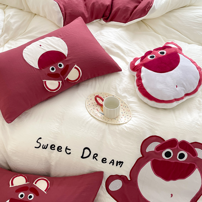 迪斯尼草莓熊床上四件套卡通儿童水洗棉麻床单被套宿X舍三件套床