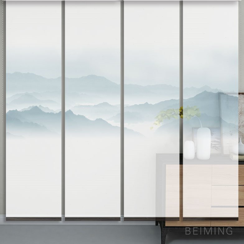 新中式办公室窗帘山水隔断手拉升降卷帘半透明屏风帘软隔断帘定制