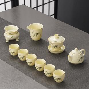 直销宝石黄陶瓷茶具套装羊脂玉瓷高端皮盒包装送客户LOGO