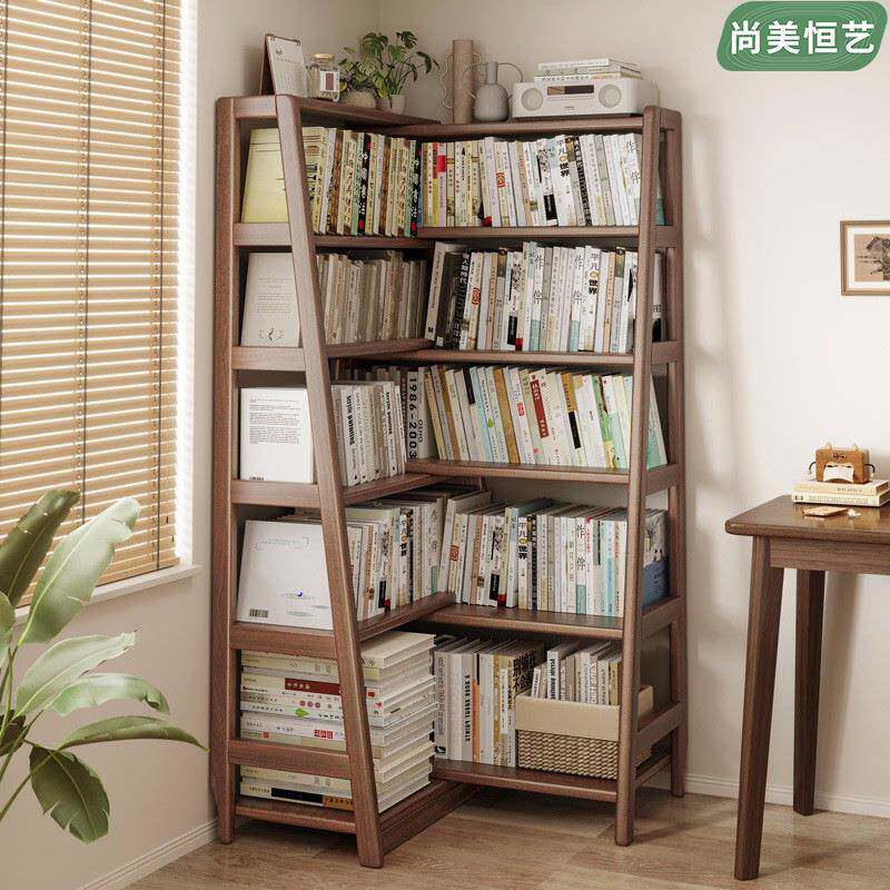实木置物架书架一体靠墙家用储物架落地卧室可伸缩转角书柜收纳架