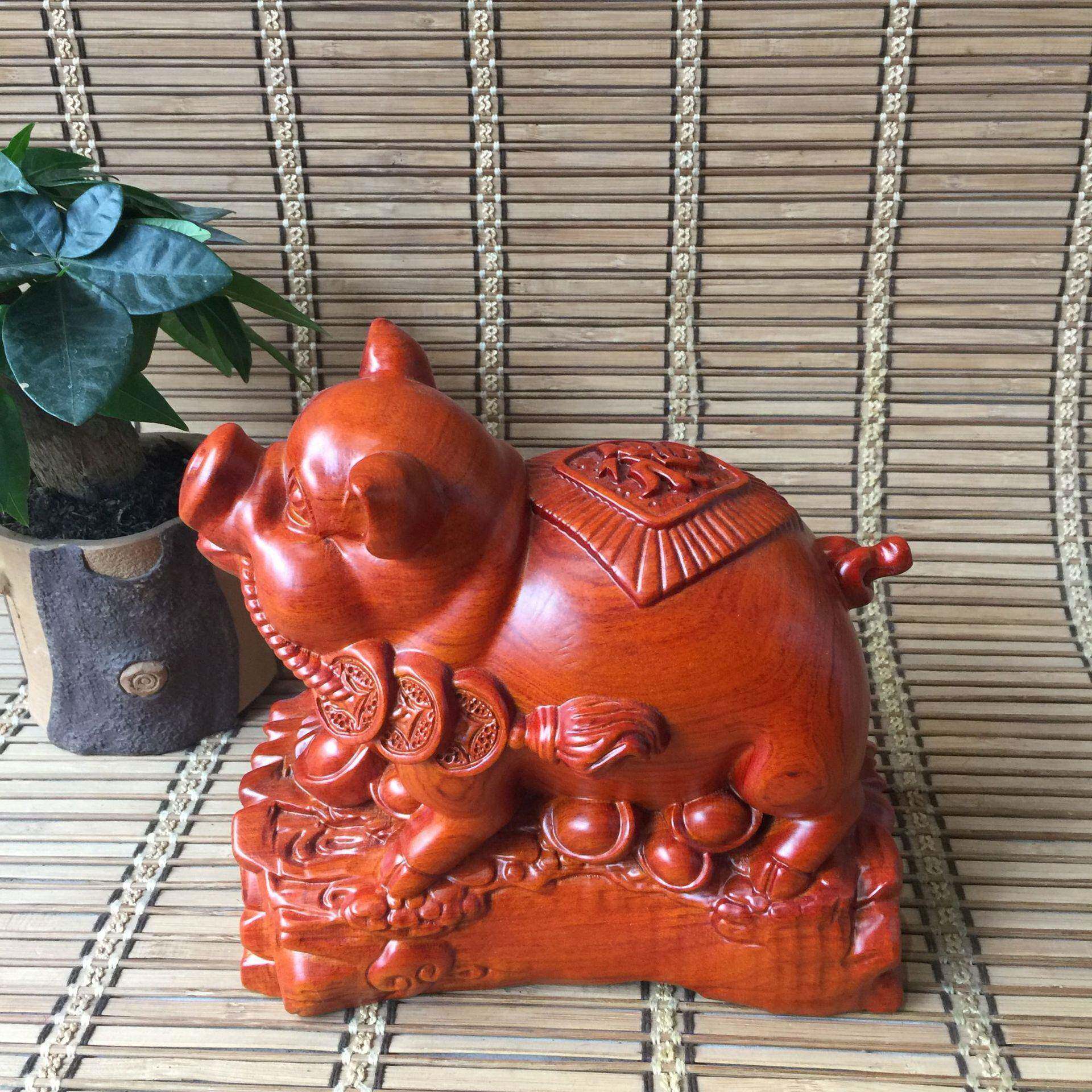 木雕十二生肖摆件福财金钱元宝猪木质工艺品木质家居摆饰