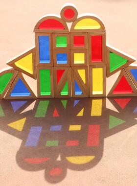 木制儿童大颗粒亚克力彩虹积木宝宝创意搭建透光形状认知益智玩具