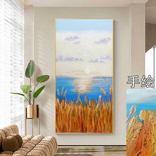 金色麦穗玄关装饰画手绘砂岩肌理风景油画走廊过道壁画丰收寓意画