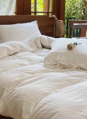 本白色双层纱四件套全棉纯棉A类母婴级棉纱皱皱纱不染色被套裸睡