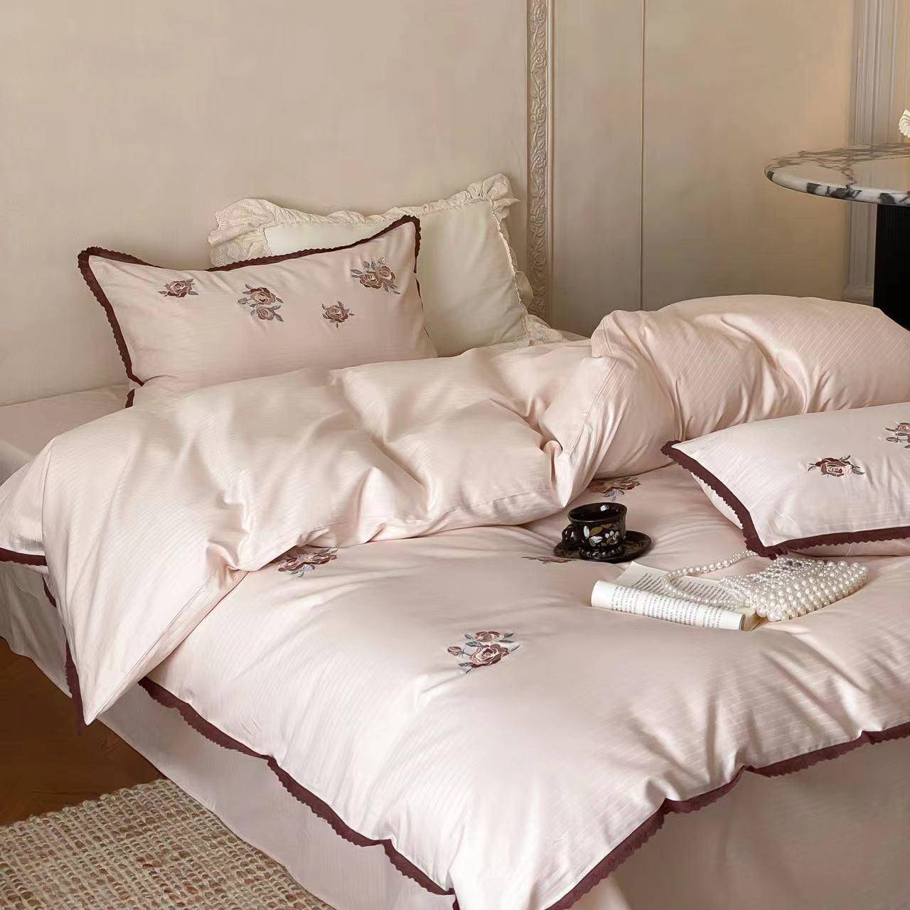 轻法式全棉精梳棉提花四件套温柔风玫瑰刺绣蕾丝花边被套床单床品