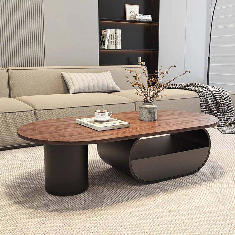 客厅轻奢腰实木家用多层板小户型胡桃木色圆茶几椭圆形现代简约