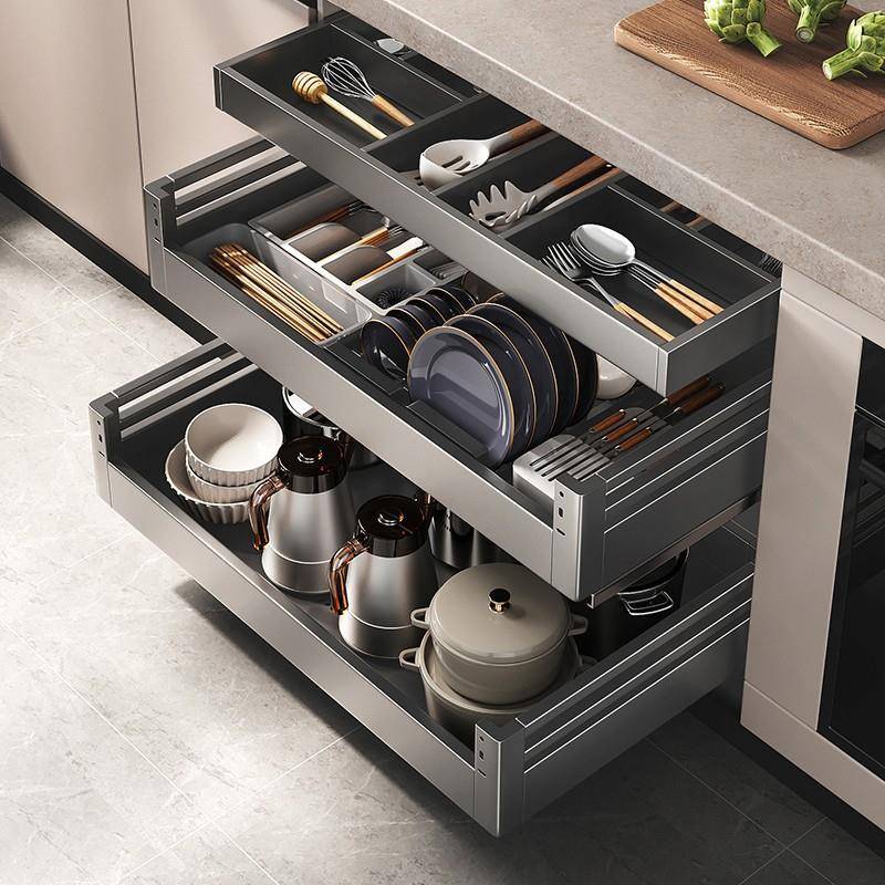 枪灰拉篮厨房橱柜双层抽屉式304不锈钢调味蓝碗碟盘收纳置物碗篮