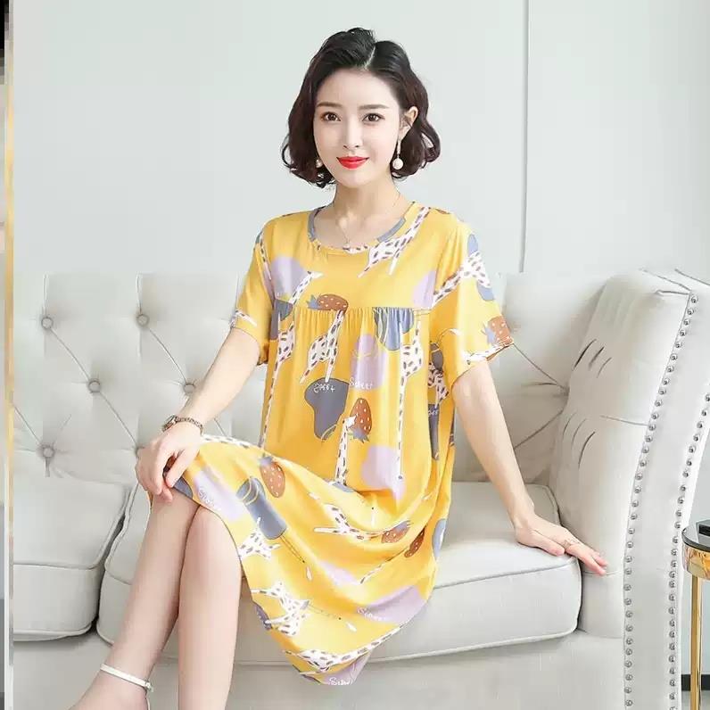 夏季女士休闲宽松棉绸睡裙睡衣家居服短袖连衣裙子人造棉妈妈睡裙