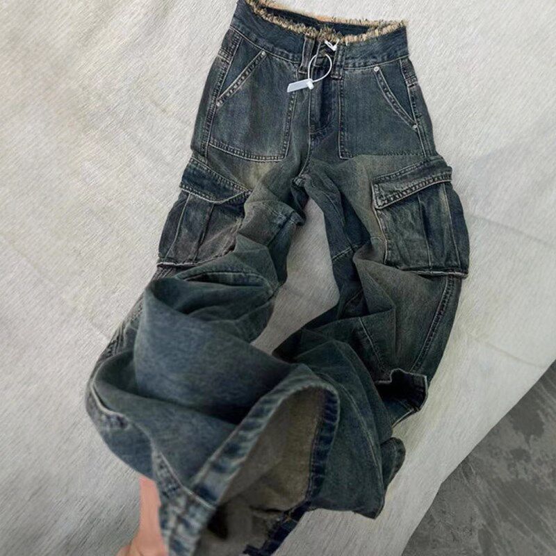 美式复古牛仔工装裤女早秋季新款小个子直筒裤宽松显瘦微喇叭裤子