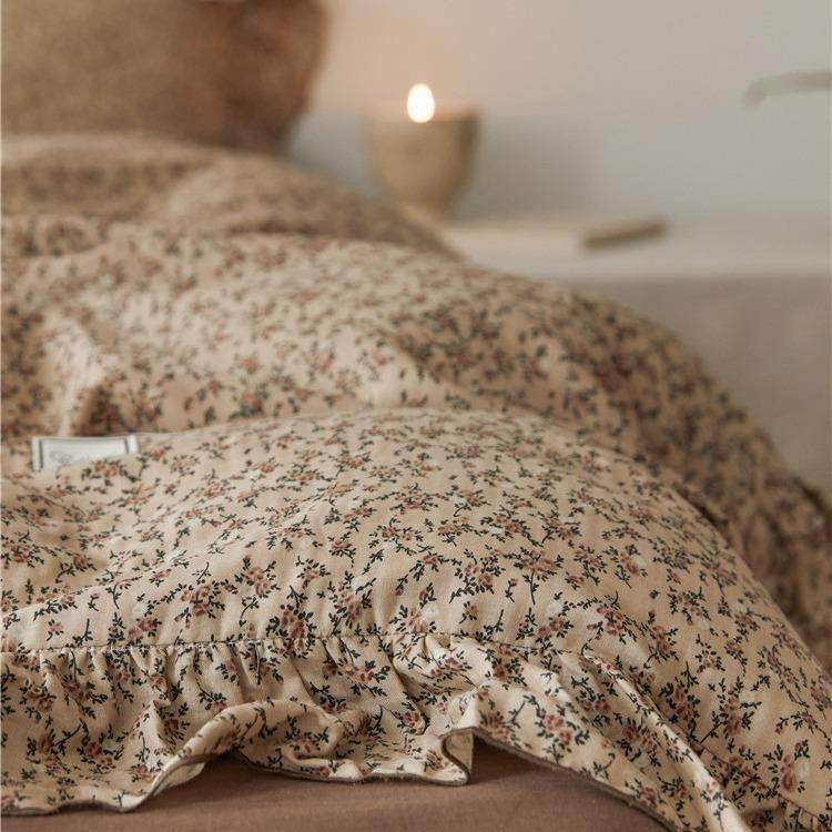 法式复古双层纱四件套纯棉小碎花床上用品荷叶边公主深色系4件套