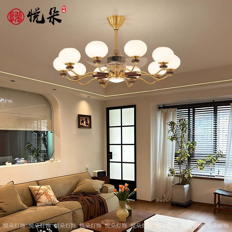 客厅风扇灯中古风餐厅卧室灯复古隐形吊扇一体电扇灯智能中山灯具