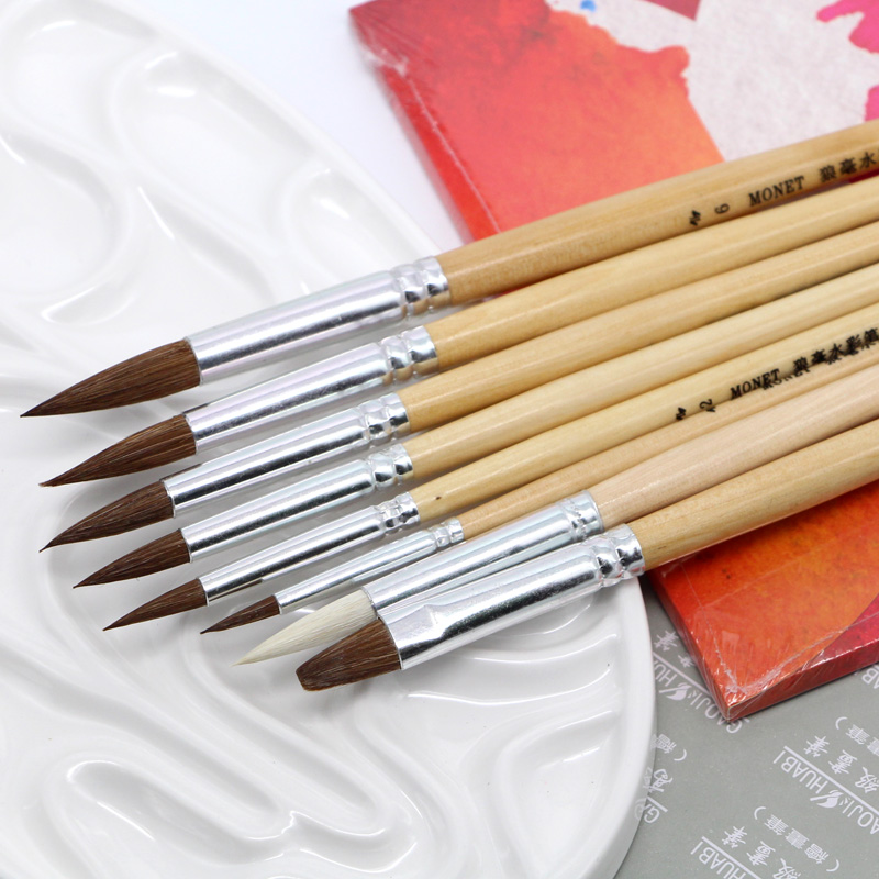 MONET莫奈水彩笔水粉笔丙烯油画笔尖头圆头平头颜料画笔平头刷狼