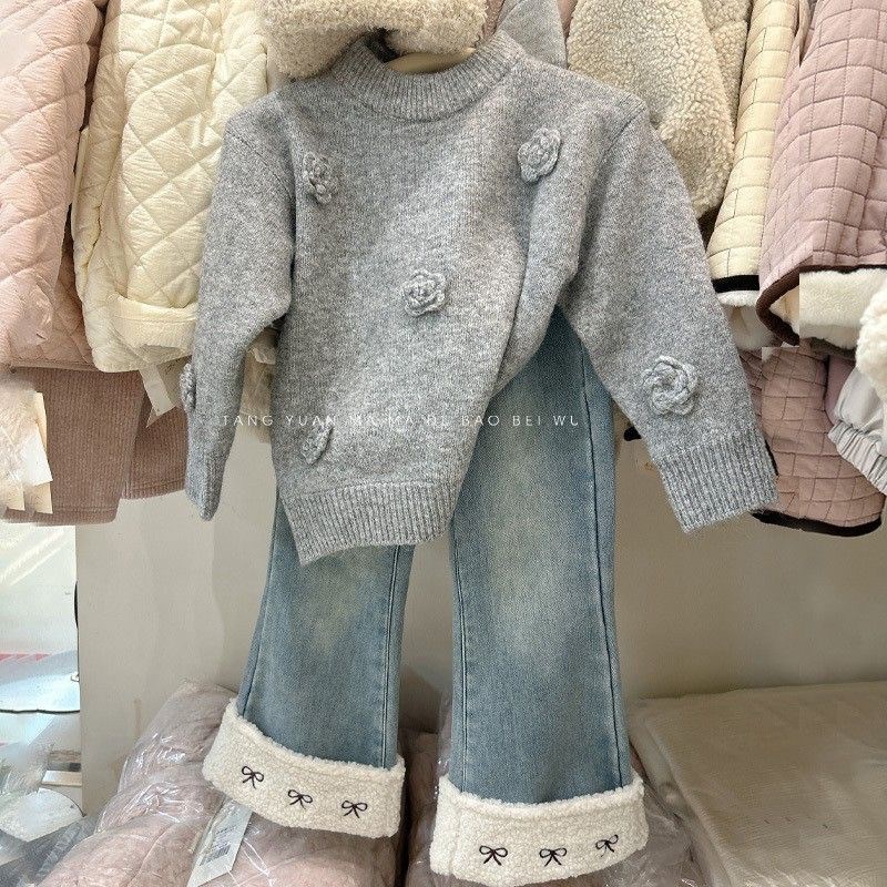 女童加绒牛仔裤喇叭裤中大童羊羔绒直筒裤秋冬韩版加厚卷边长裤子