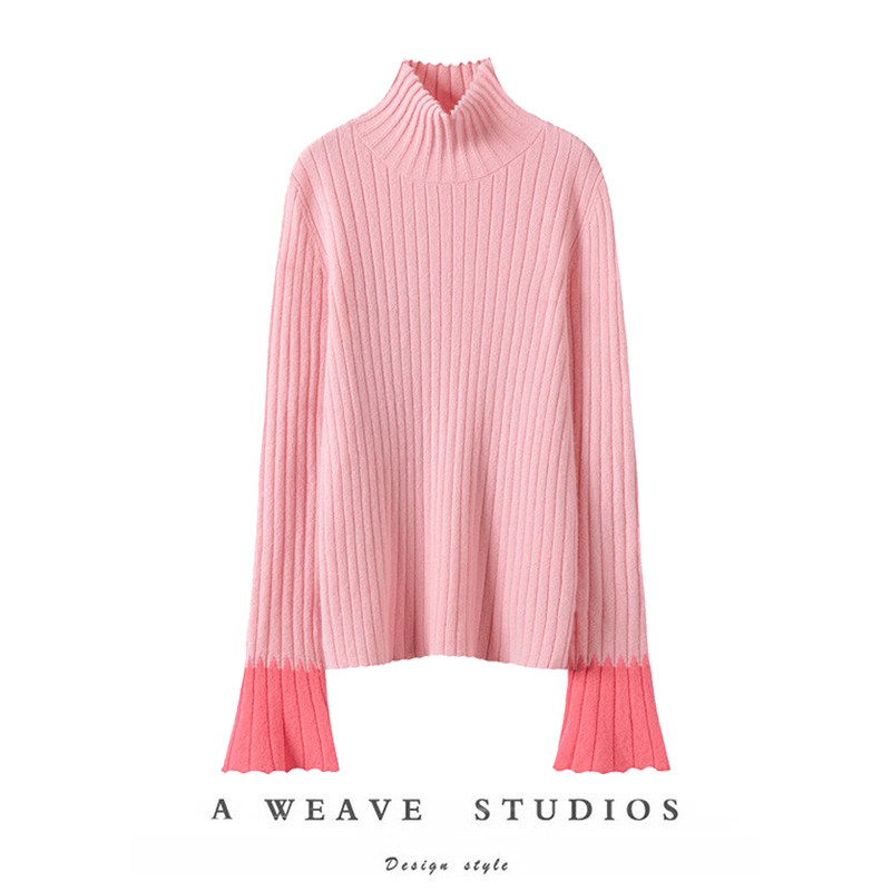 版型非常优秀!喇叭袖高领羊绒衫女纯羊绒毛衣针织打底衫ZJ22195