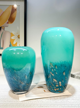 天水碧渐变孔雀翎手工大口径琉璃花瓶电视柜博古架高级样板间摆件