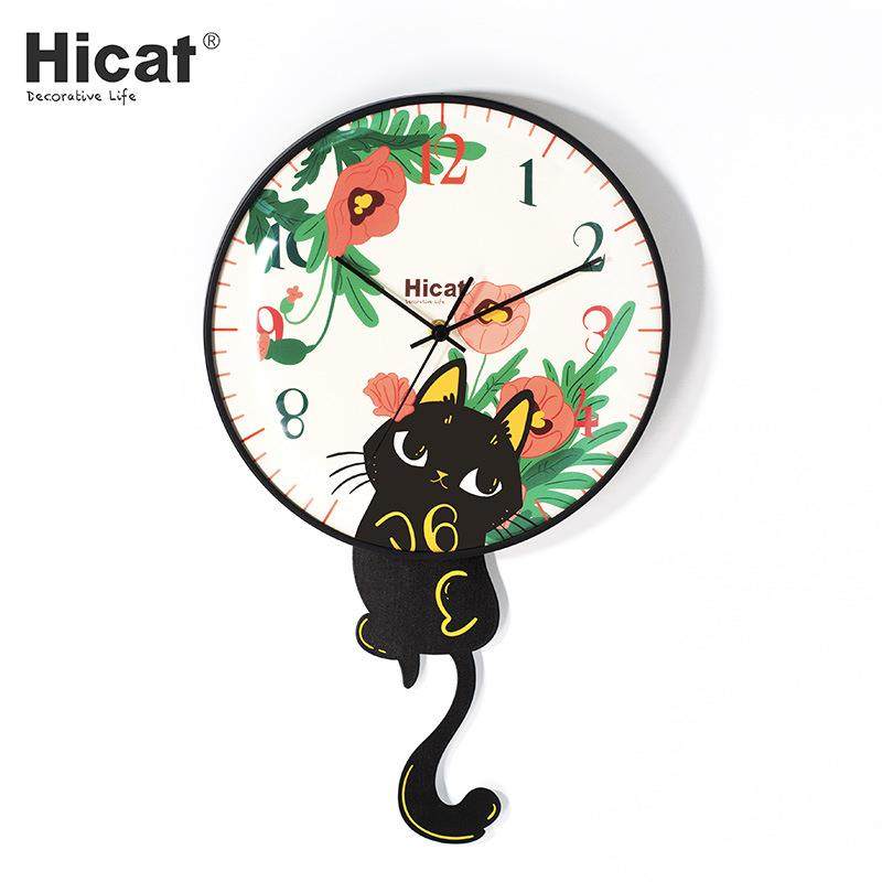 可爱摆尾猫现代简约挂钟家用卧室客厅轻奢时钟时尚卡通静音钟表
