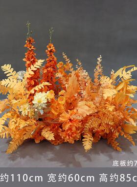 婚庆秋色地排花桔色路引花橘色花排婚礼花艺长挂花橙色布置装饰