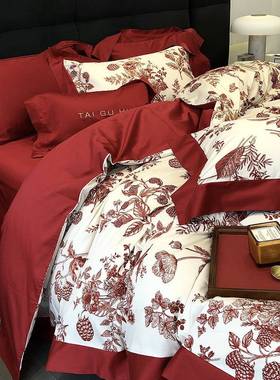 现代简约红色婚庆四件套全棉纯棉结婚被套床单100S长绒棉婚房床品