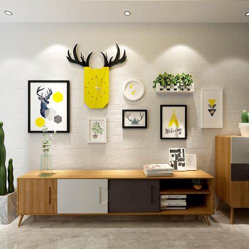 北欧简约创意装饰画相框墙鹿头挂表画框组合客厅餐厅墙面壁挂饰品