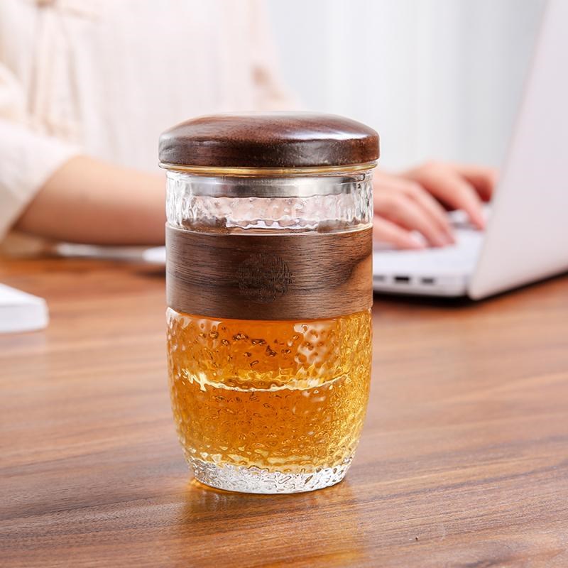 日式锤纹办公室泡l茶杯玻璃水杯子木套防烫绿茶杯茶水分离带盖过