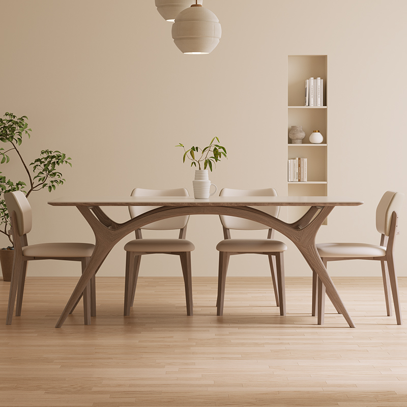 北欧实木b岩板餐桌现代简约白蜡木实木腿长方形进口白色岩板餐桌