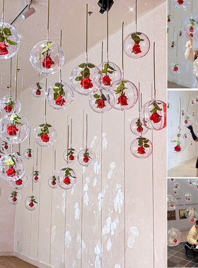 七夕情人节玫瑰星球吊顶网红打卡墙假花店铺装饰布置拍照道具摆件