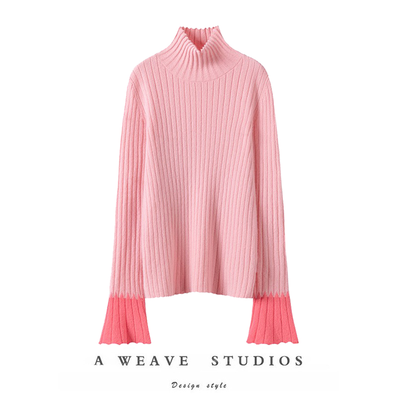 版型非常优秀!喇叭袖高领羊绒衫女纯羊绒毛衣针织打底衫ZJ22195